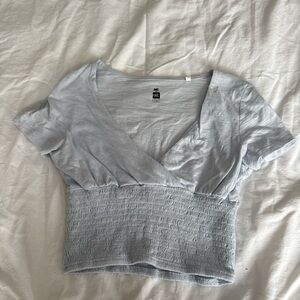 Me to We Light Blue Smocked V-Neck Crop Top